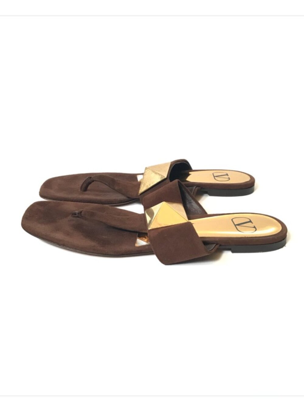 Valentino Garavani One Stud Flat Thong Sandals Womens 39.5 9 Brown Suede Gold - Picture 6 of 11